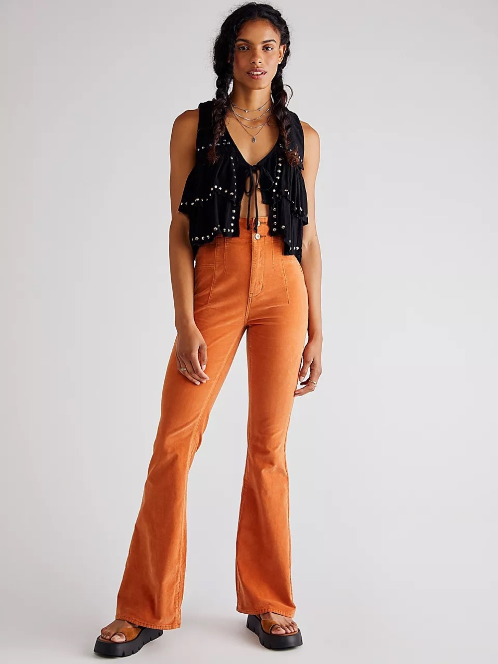 Free People Jayde Orange Micro Corduroy Flare Pants 29 High Rise Fall Festival